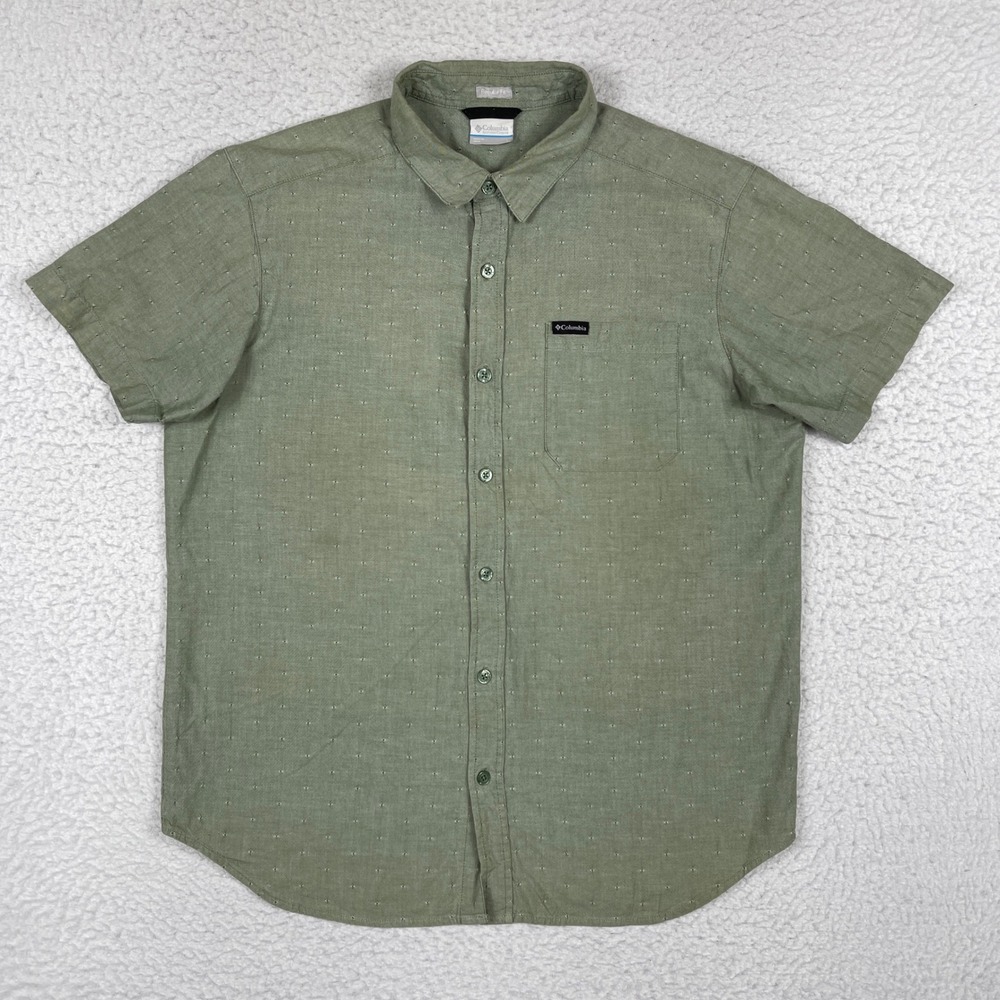 Columbia Button Down Shirt Mens Large Green Short Sleeve Dobby Regular AM4950